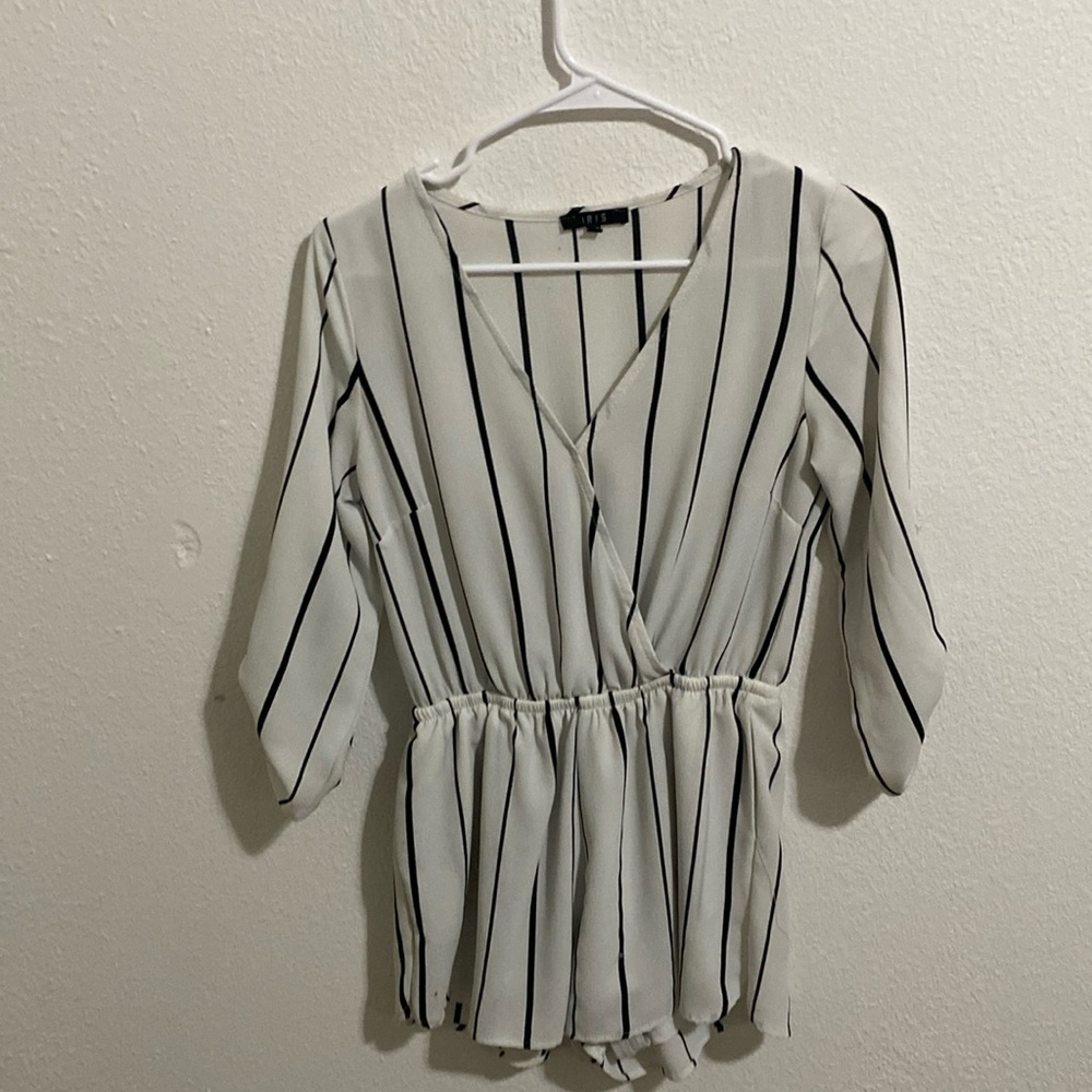 An stripped iris romper small rolled up sleeves shorts button up